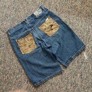 5ive Jungle & Co Mens 36 Blue Denim Shorts Gold Paisley Embroidered Baggy Y2K
